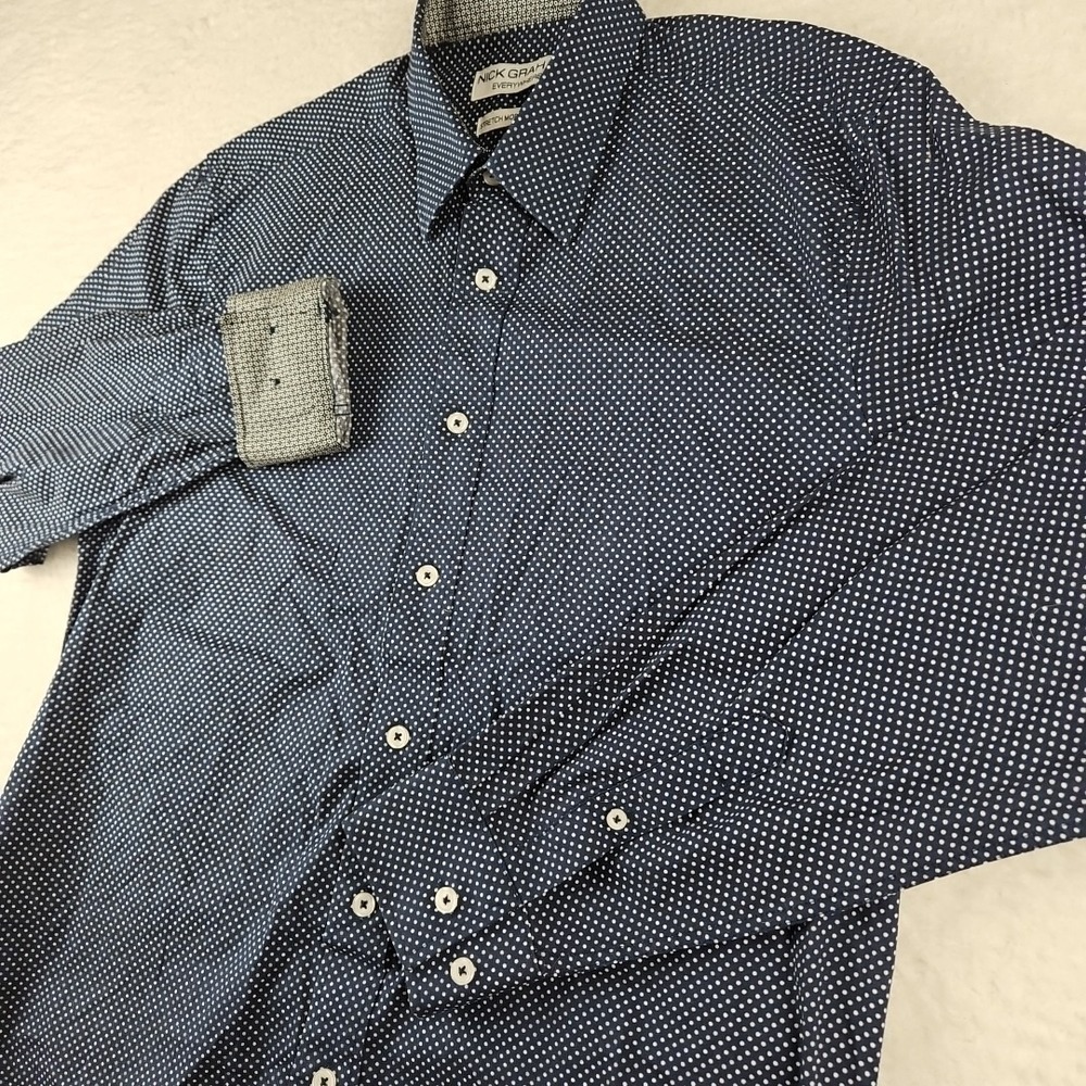 Nick Graham Everywhere Mens Dress Shirt Stretch Modern Fit Navy Dot Print M 15.5